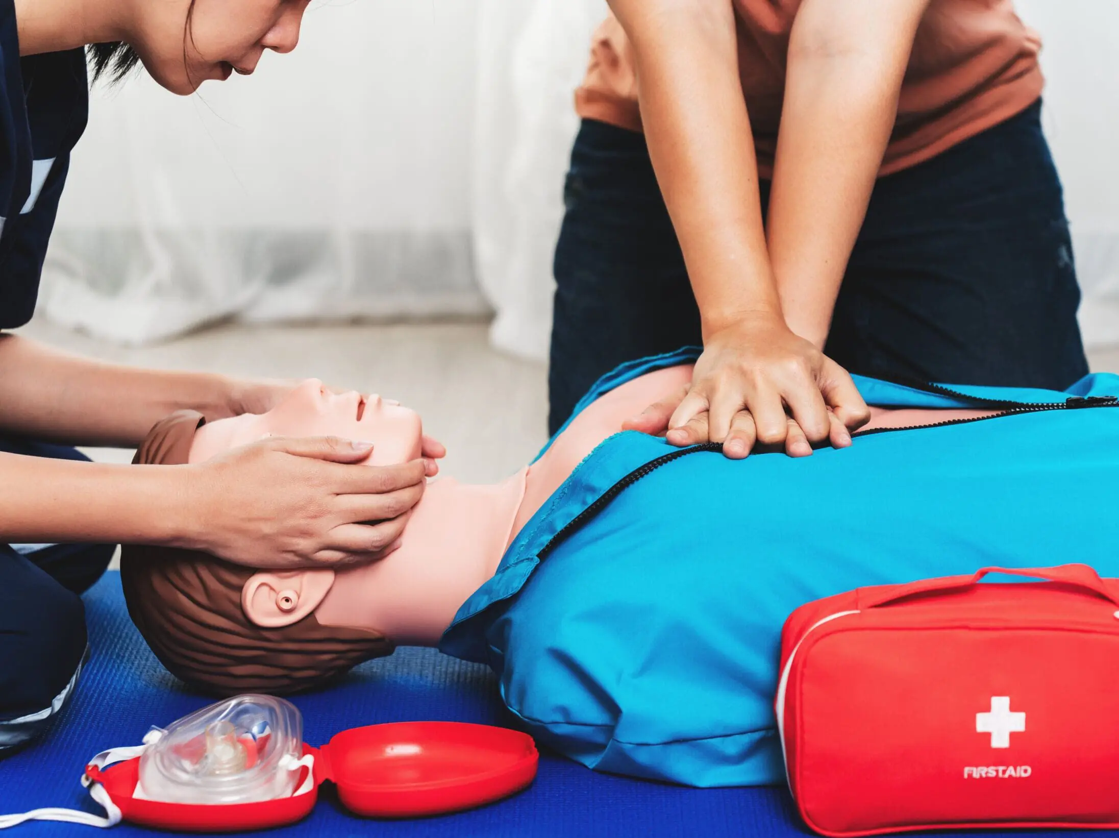 CPR Training ,Emergency and first aid class on cpr doll, Cardiopulmonary resuscitation, One part of the process resuscitation on unconscious person.