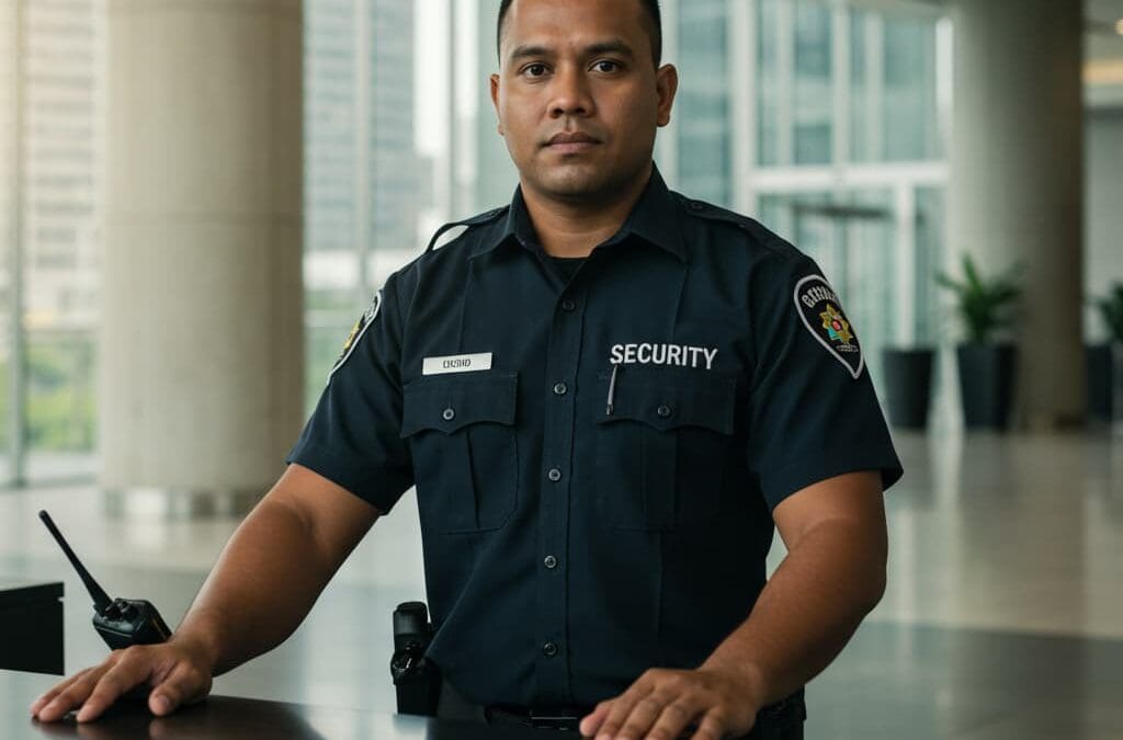 A security guard stands at a desk in a large office foyer.