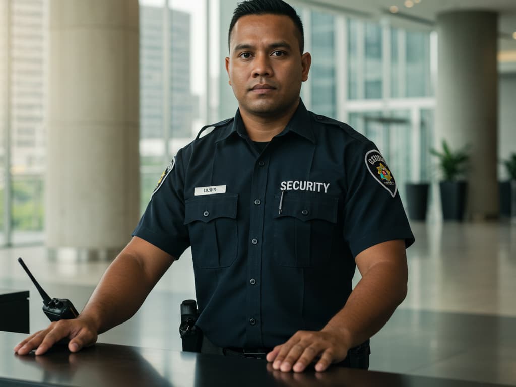 A security guard stands at a desk in a large office foyer.