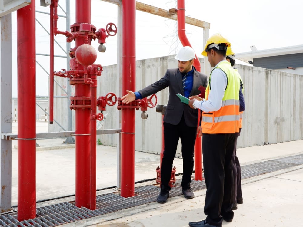 A man in a suit it pointing out a red pipe to two men in high vis jackets on the roof of a building.