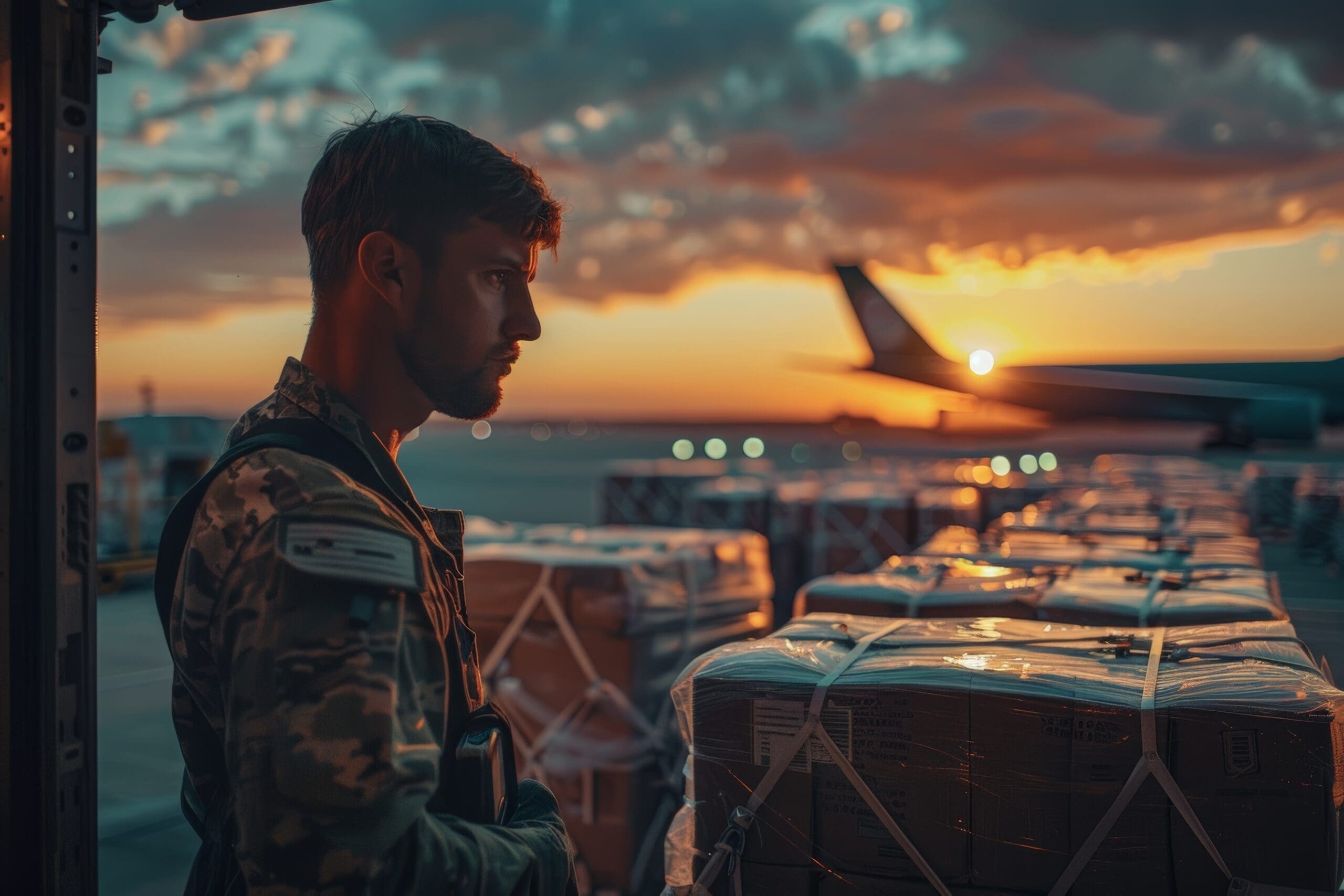 Male soldier in camouflage uniform stands beside loaded cargo pallets at sunset on airfield. His focused expression highlights the seriousness of logistics and military operations at sunset.