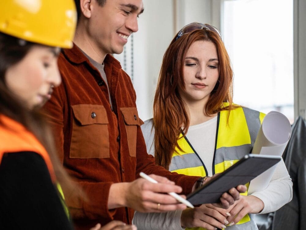 Engineer supervisor at construction site with his female work team setting guidelines in building site office - Teamwork concept