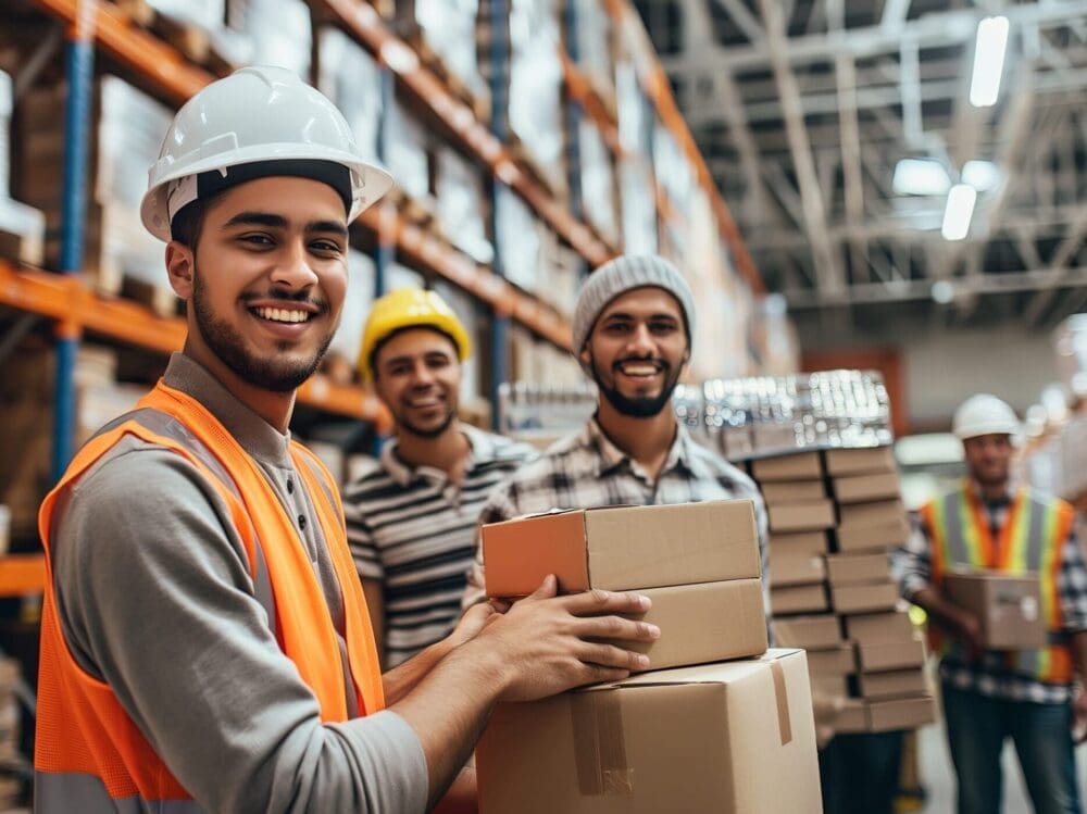 Smiling Warehouse Workers Handling Cardboard Boxes in Storage Facility