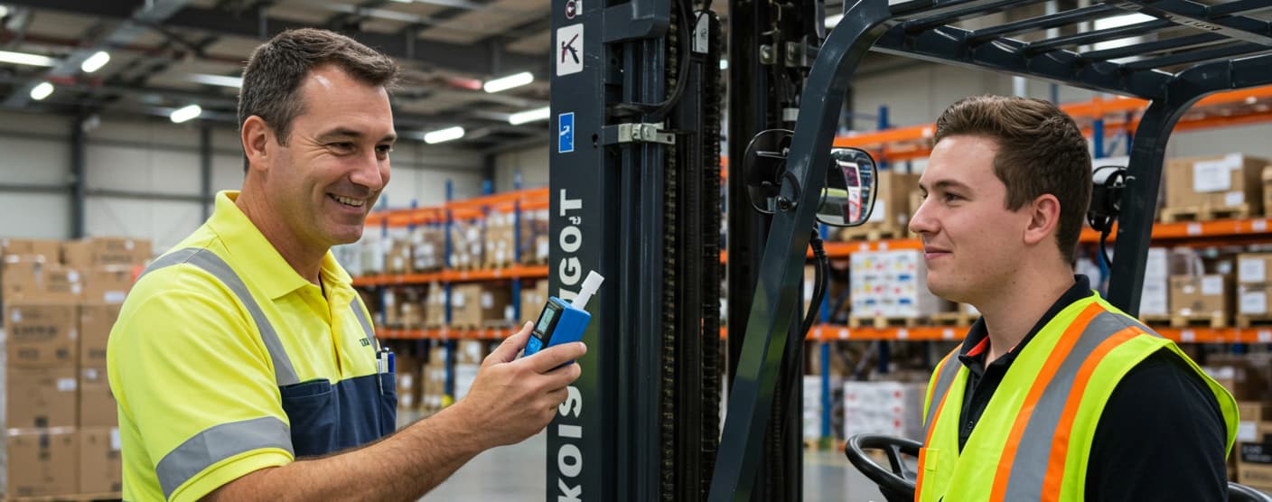 A smiling supervisor offering a breathalyser to a forklift driver. Both wearing high vis clothing.