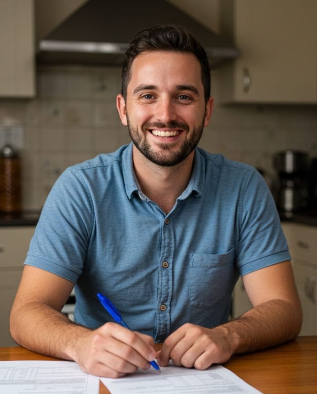 happy-kitchen-crop-sq A young man in a blue t-shirt sits at a kitchen table holding a pen.