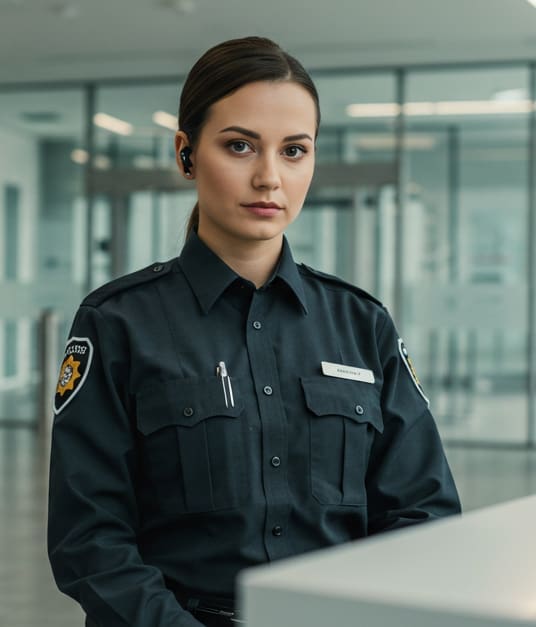 standing in a foyer02-crop A female security guard standing a desk in a foyer of a modern office building.